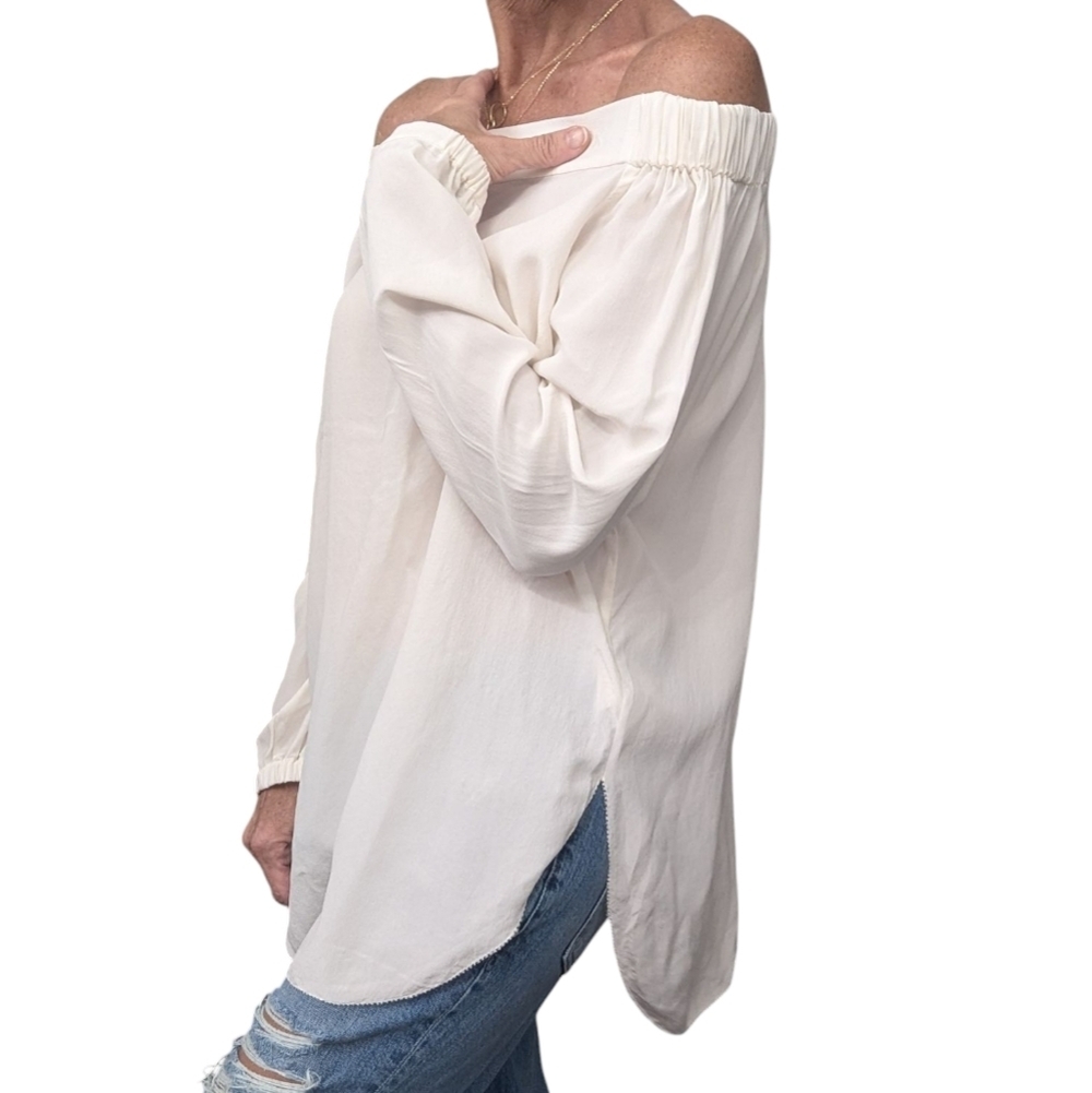 GoSilk 100% Washable Silk Off Shoulder Blouse M Ivory White Oversized